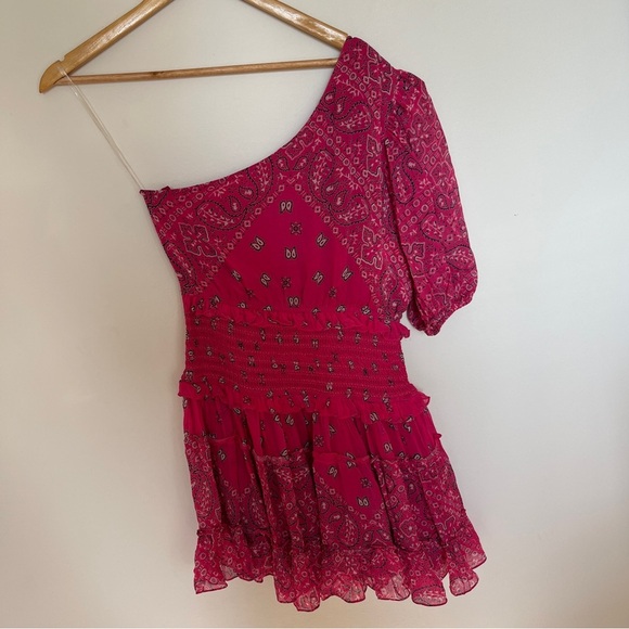 Rococo Sand One-Shoulder Pink Chiffon Mini Dress Smocked Waist Ruffle Hem Sz M - Picture 5 of 5